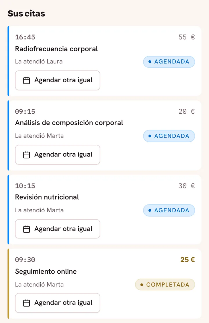Ficha de una clienta con su historial de citas en el centro